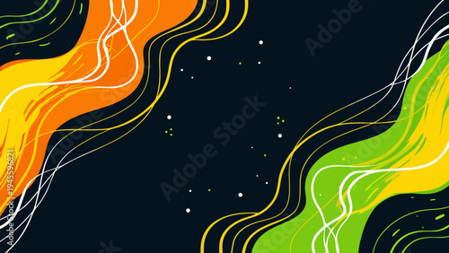 Vibrant abstract background with swirling lines in orange green and yellow hues on a dark blue canvas with white accents