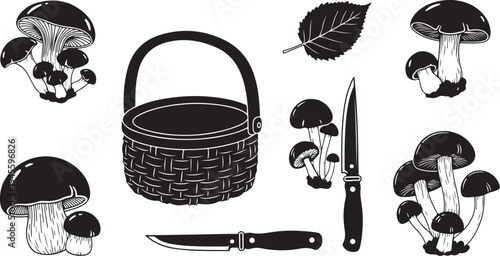 Black and white illustration of mushrooms and basket utensils