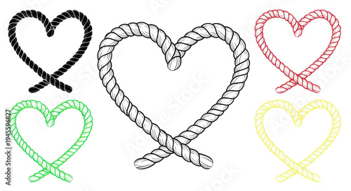 Heart Shape Made of Rope in Five Colors: Black, White, Red, Green, Yellow
