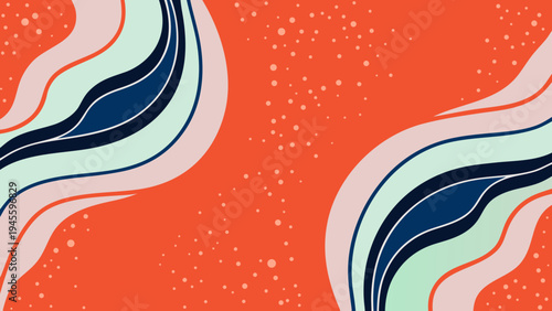 Vibrant abstract background with wavy lines and dots in orange blue and green hues