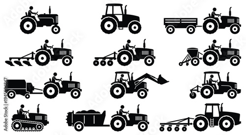 Black tractor silhouettes illustrating diverse agricultural tasks and tools
