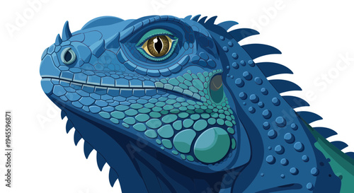 Close-up of a stylized blue iguana head, detailed scales and piercing eye