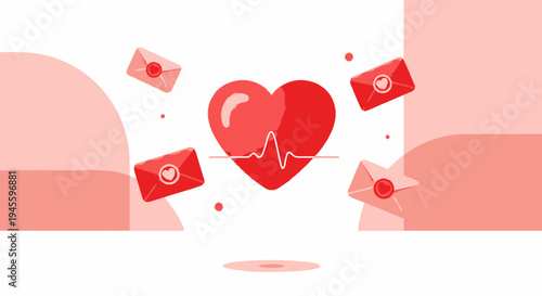 Red Heart with EKG Line and Envelopes - Love, Health, Communication Concept