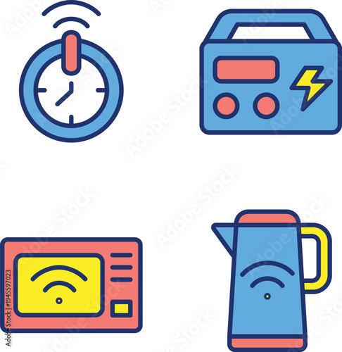 Four household appliances with signal indicators and power symbols