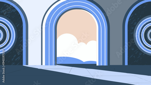 Futuristic archway with cloudy sky and circular patterns