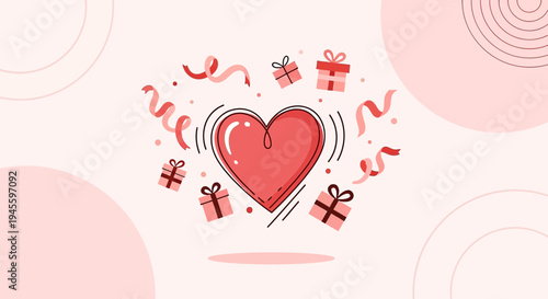 Red Heart with Gift Boxes and Confetti, Valentine's Day Celebration, Love Concept