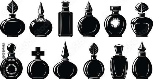 Black and white illustration of twelve stylized perfume bottles with unique shapes, ornate caps, and decorative designs, representing fragrance artwork, packaging inspiration, and cosmetic branding