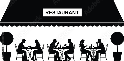 Black and white silhouette illustration of outdoor restaurant scene with people dining at tables under awning, symbolizing leisure, social interaction, dining, and creative artwork projects