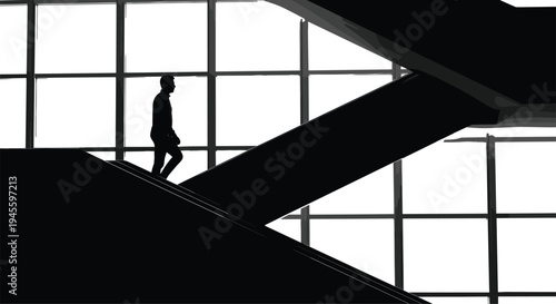 Black and white silhouette illustration of person walking up escalator inside modern building with grid window, symbolizing architecture, movement, travel, urban design, and creative artwork proje