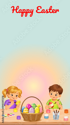 Happy Easter vertical vector illustration with children painting Easter eggs at a table with an Easter basket, festive spring scene with copy space.