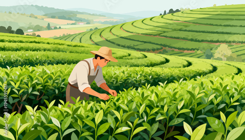 Farmer kneels among vibrant green tea bushes. Worn hat shields his face from the sun. Hands gently select leaves for harvest. Rolling hills stretch behind orderly rows
