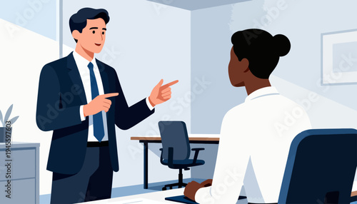 Man gestures while speaking to seated woman. Both appear focused and professional. Office setting includes desk, chair, and plant. Ideal for business meetings or leadership discussions