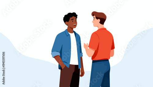 Two men stand facing each other, smiling gently. One man wears a blue shirt and brown pants. The other dons a red shirt and dark trousers. Their body language suggests warm conversation