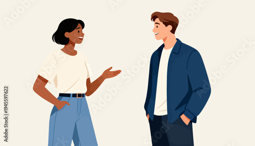 Two people converse with warm, friendly expressions. One gestures while the other listens attentively. The scene suggests casual, positive interaction. Ideal for business, social, or lifestyle content