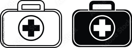 Medical first aid kit icons in black and white