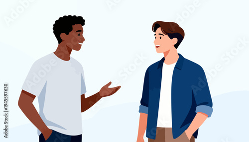 Two men converse warmly, gesturing with hands. One smiles, the other listens attentively. Their expressions show friendly engagement and mutual respect. Ideal for business meetings, mentorship