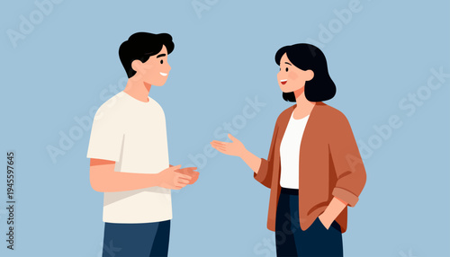 Two people chat warmly in a calm, pastel setting. They smile and gesture as if sharing ideas. Their relaxed posture suggests a friendly conversation. Ideal for business, education