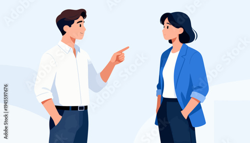 Man points at woman during conversation. Woman looks at him with calm expression. Scene suggests communication or debate. Image ideal for business or interpersonal themes. Simple, clean photo style
