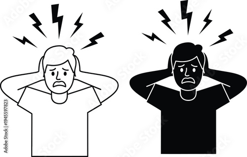 Two men covering their ears from loud noises with frustrated expressions