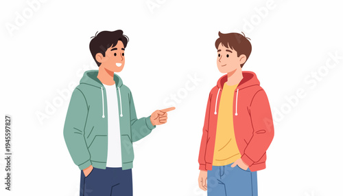 Two young men stand facing each other. One gestures while speaking, smiling warmly. The other listens, smiling back gently. Casual clothes suggest relaxed, friendly conversation