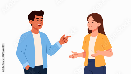 Two people engage in friendly conversation. One gestures while smiling, suggesting warmth. The other listens attentively, hands open in response. Their expressions convey mutual understanding