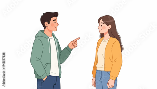 Young man points at woman during conversation. He gestures with open hand, showing emphasis. She looks up, expression calm and receptive. Scene suggests casual dialogue or mild disagreement
