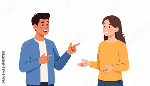 Man and woman gesture towards each other. Smiling, they appear engaged and friendly. Ideal for teamwork, communication, or collaboration visuals. Cartoon style fits educational or promotional contexts