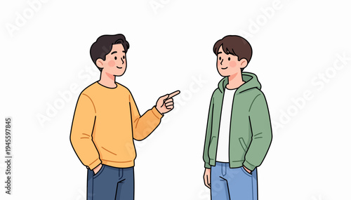 Two young men converse in casual, friendly tones. One gestures with a finger, speaking earnestly. The other listens attentively, smiling gently. Their relaxed clothing suggests a casual