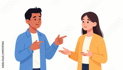 Two people gesture toward each other, smiling warmly. They appear engaged in a friendly conversation or collaboration. Their body language suggests mutual understanding and teamwork