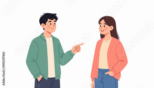 Young man gestures toward smiling woman. Both appear cheerful and engaged in conversation. Soft colors create a friendly, approachable mood. Ideal for depicting casual, positive human interaction