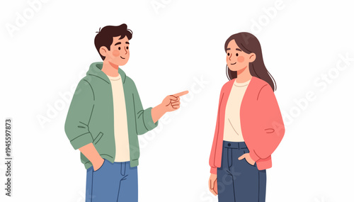 Young man points at woman with friendly smile. Woman stands smiling back, hands in pockets. Cartoon style, clean white background. Ideal for casual conversation or team collaboration