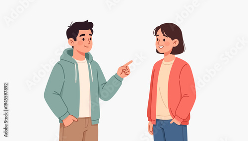 Young man points at woman with friendly smile. Woman smiles back, showing cheerful engagement. Illustration style is clean and modern. Great for educational or conversational contexts