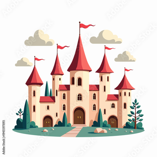 Magical flat vector illustration of a beautiful fairy tale castle with red roofs and elegant towers, ideal for children's stories and fantasy concepts.