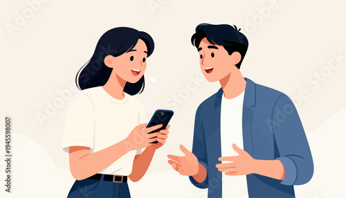 Young couple shares a joyful moment together. She holds a smartphone, smiling warmly at him. He gestures animatedly, his expression filled with excitement. Their connection feels light