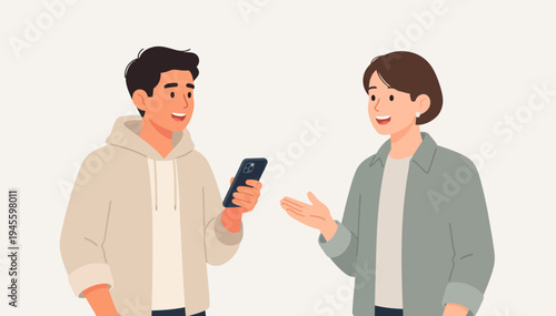 Two people chat while one holds a smartphone. They smile, indicating friendly conversation. The scene suggests modern communication or collaboration. Perfect for illustrating tech, social interaction