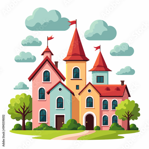 Whimsical flat vector illustration of a colorful fairy tale castle with multiple elegant towers, perfect for magical storytelling and fantasy-themed designs.