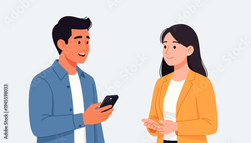 Man smiles, holding phone, showing content to woman. Woman responds with gentle smile, hands open, engaged. Bright, clean background highlights interaction. Ideal for digital communication