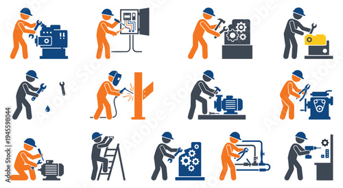 Industrial worker icons depicting technicians repairing mechanical equipment
