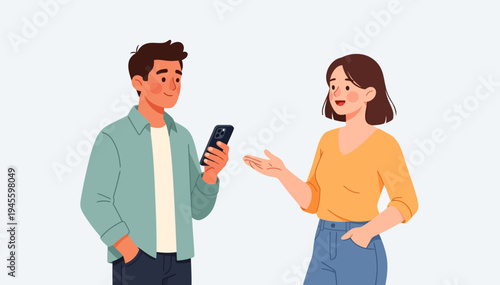 Young couple engages in animated conversation. Man holds phone, smiling at woman. Woman gestures, showing enthusiasm. Scene suggests casual, modern connection
