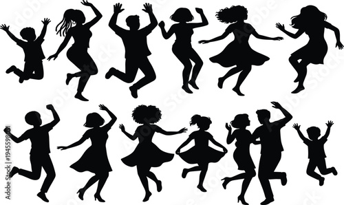 Silhouette people dancing, jumping, and celebrating in joyful poses, showing family, community, freedom, happiness, expressive movement, lifestyle, and festive themes