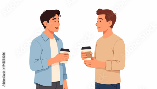 Two men chat, smiling, holding coffee cups. They stand close, sharing a friendly moment. Casual attire suits a relaxed, everyday conversation. Perfect for workplace, cafe, or social media content