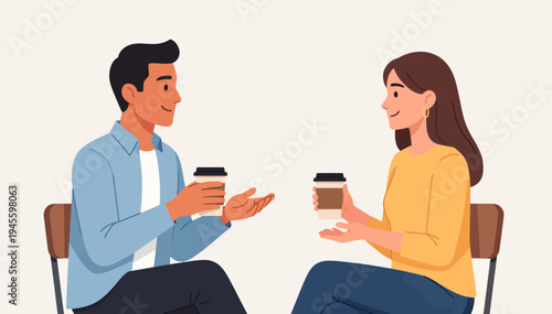 Two people smile while holding coffee cups. They sit opposite each other on wooden chairs. Their gestures suggest a friendly, relaxed conversation. Warm tones create a cozy, inviting atmosphere