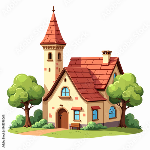 Charming flat vector illustration of a picturesque medieval village or fairy tale town with colorful houses, rolling hills, and a beautiful sunny blue sky.