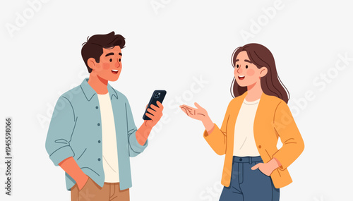 Young couple smiles, engaged in phone conversation. Woman gestures warmly, showing interest in the chat. Man holds phone, listening attentively with a friendly expression. Illustration depicts casual