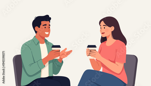 Two friends chat over coffee, smiling warmly. They sit close, relaxed and engaged. Casual attire suits a friendly, laid-back moment. Ideal for social scenes, conversations, or meeting themes