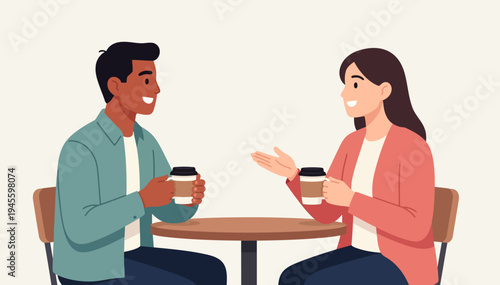 Two people smile, sharing coffee at a small table. They gesture and laugh, showing friendly conversation. Their expressions convey warmth and connection. Ideal for scenes of casual social interaction