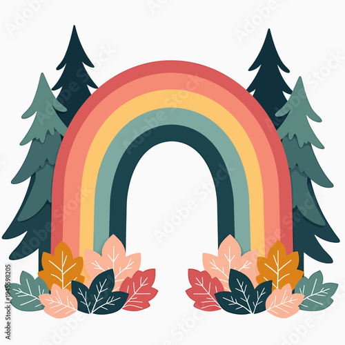Trendy boho style vector illustration of a colorful rainbow framed by pine trees and autumn leaves, perfect for nursery decor and modern graphic design art.