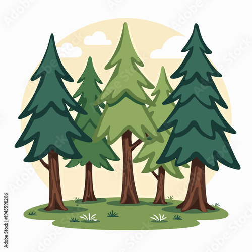 Serene flat vector illustration of a dense evergreen forest featuring tall pine trees against a light background, perfect for calm nature and wilderness designs.