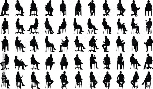 Silhouette people sitting on chairs in diverse postures and gestures, showing ergonomics, design, seating behavior, office, lifestyle, and human interaction themes