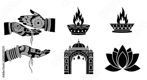 Indian wedding ritual icon set traditional marriage symbols illustration